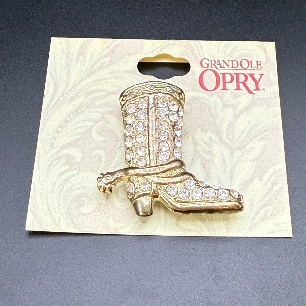 Grand Ole Opry Rhinestone Cowboy Boot Brooch Gold Tone Western Pin B3097